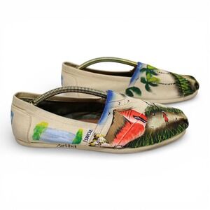 TOMS Alpargata Slip On Womens 9.5 Cream Excellent Hand Painted Tropical Island